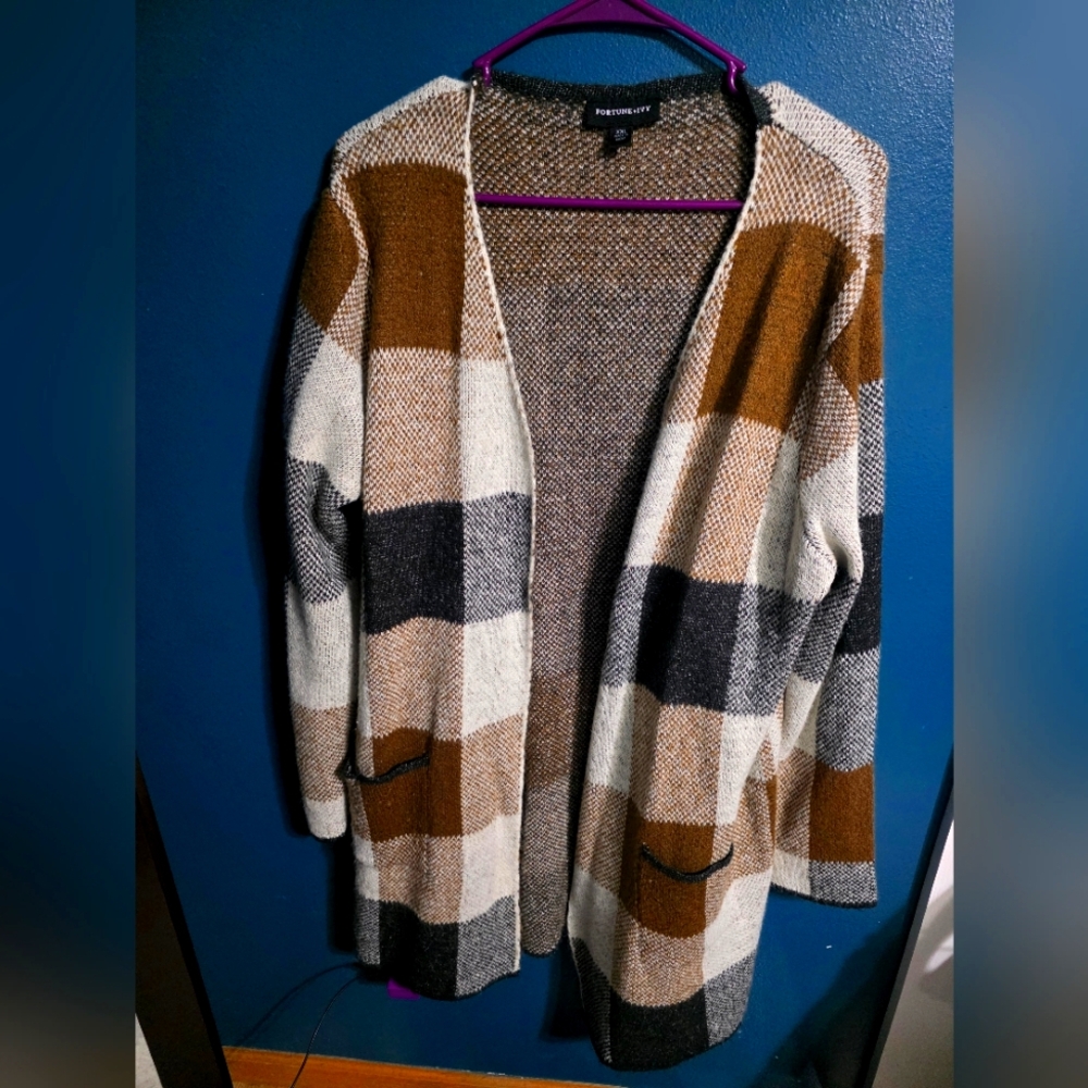 Fortune & Ivy Brown and Cream Cardigan Sweater with Color-Block Design